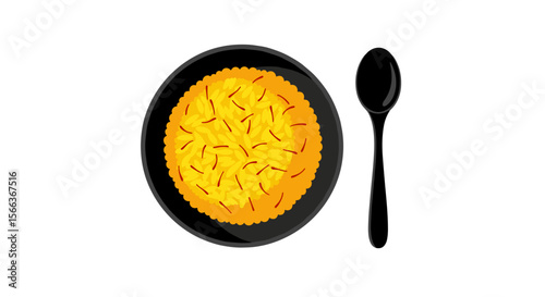 Saffron rice in a black bowl with a spoon on a transparent background with copy space