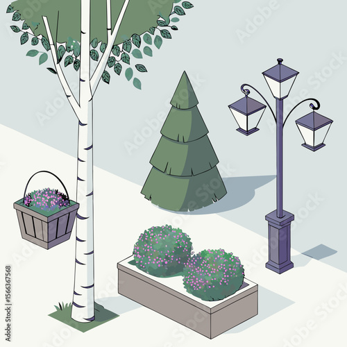 Birch tree evergreen tree street lamp planter flowers