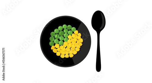 Green peas and corn in a black bowl with a spoon on a transparent background with copy space