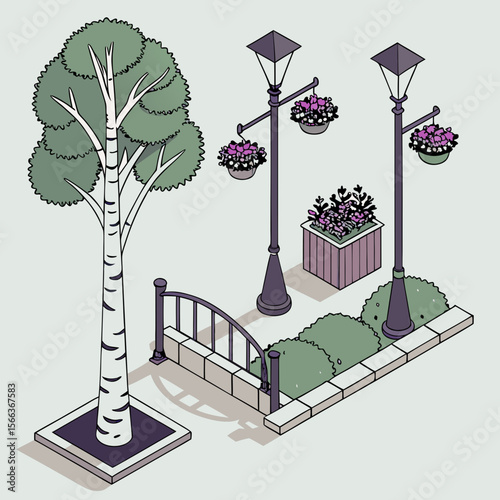 Birch tree street lamps planter box hanging basket