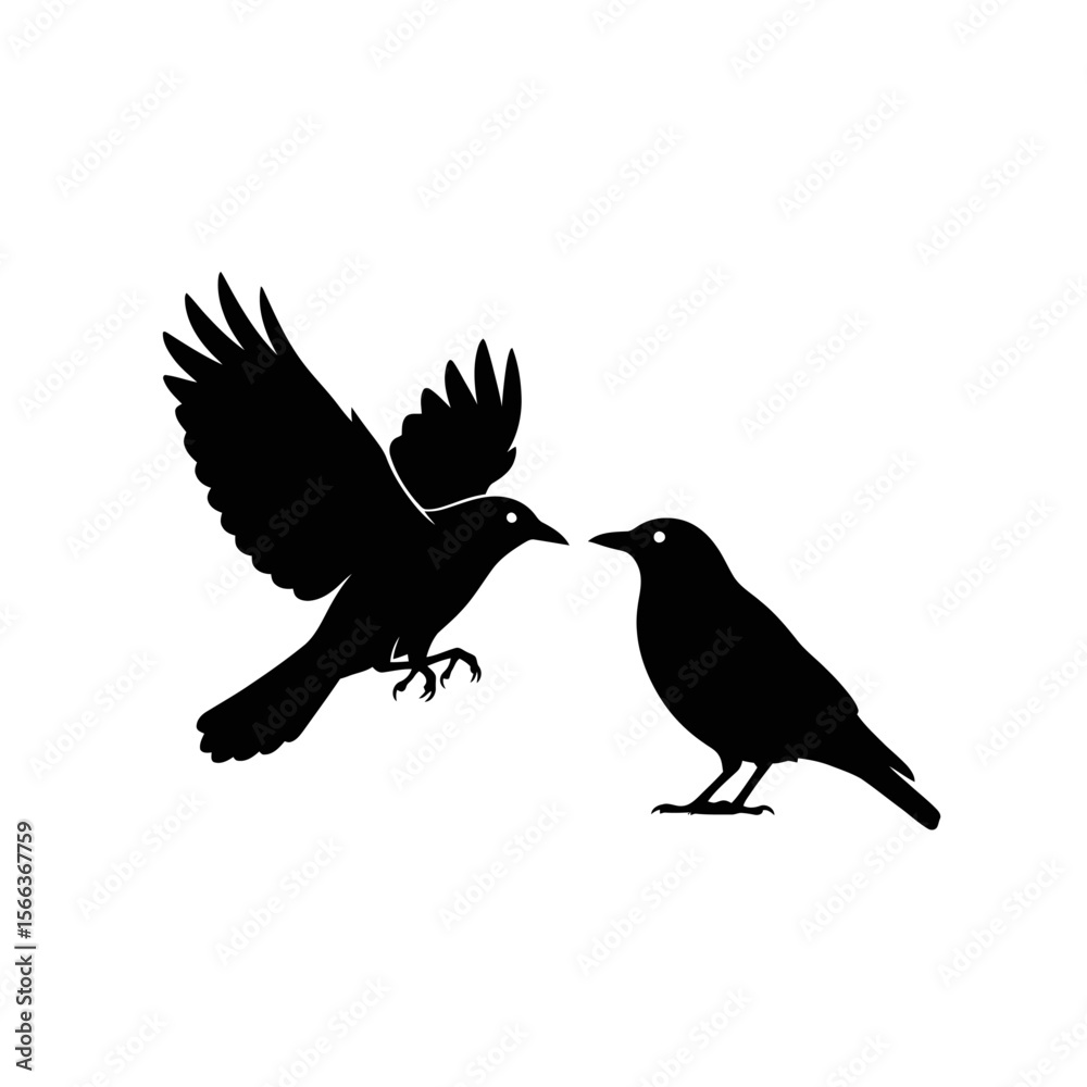 Fototapeta premium Two black bird silhouettes one in flight and the other standing on a white background design