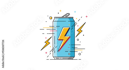 A blue energy drink can with a yellow lightning bolt and streaks of light exploding outwards a refreshing beverage for active lifestyles