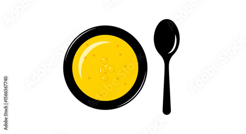 Bowl of yellow soup with a spoon on a white background, comforting meal concept
