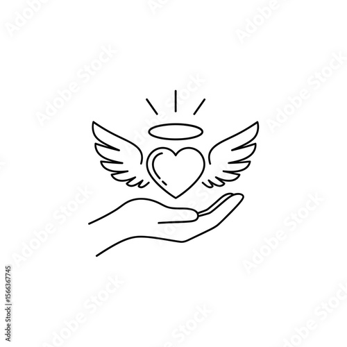 Hand holding heart with wings and halo sketch on white background in simple line art style design concept