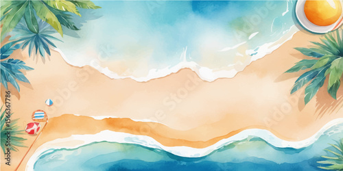 A vibrant tropical beach landscape at sunset features the ocean's blue water, a sunny sky with clouds, and palm trees on the sandy shore