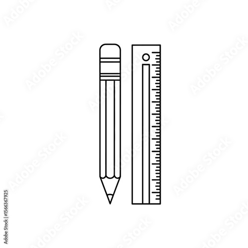 Line drawing of a pencil with eraser and a ruler for measuring on a white background simple design