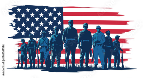 Patriotic military heroes standing proudly united against a distressed american flag background honoring their service