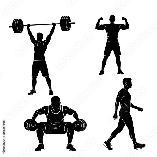 Four black silhouette illustrations of a man exercising and lifting weights on a white background