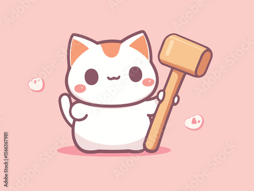 Cute Cartoon Maneki Neko Holding a Wooden Mallet on a Pink Background