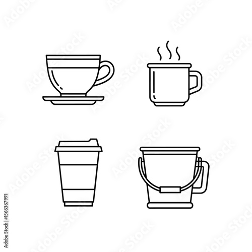Four outline style beverage containers including coffee cup mug and disposable cup on white background