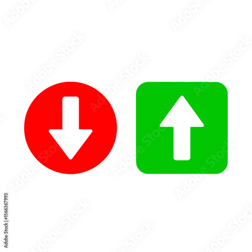 A graphic featuring a red circle with a down arrow and a green square with an up arrow on white background