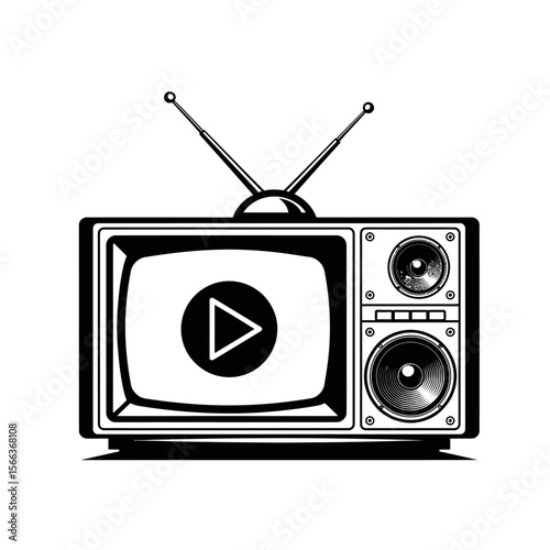 Illustration of a vintage television with antennas and speakers displaying a play button in black and white