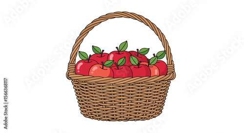 A woven wicker basket brimming with freshly picked ripe red apples adorned with vibrant green leaves a delightful harvest presentation