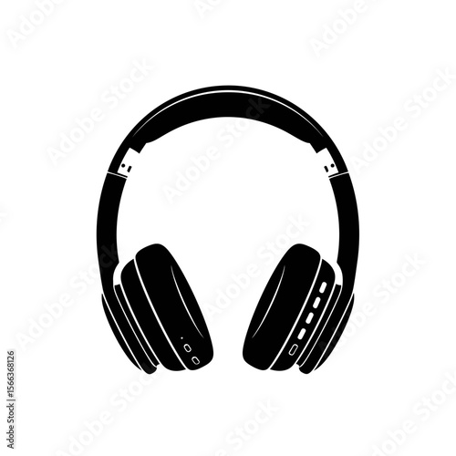 A simple black and white graphic illustration of a pair of over ear headphones on white background