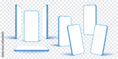 3D Smartphone Mockup Set – Blue Edge Mobile Phone Front, Side, Perspective, Horizontal, Flat Lay Views on Transparent Background. Realistic Vector for App Design and Mockup Template.