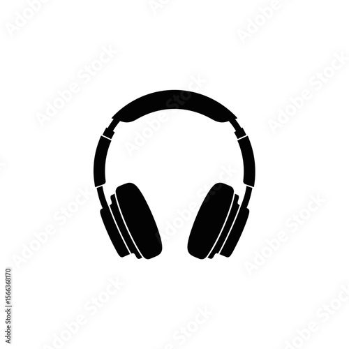 Isolated black and white graphic illustration of over ear headphones on a white background