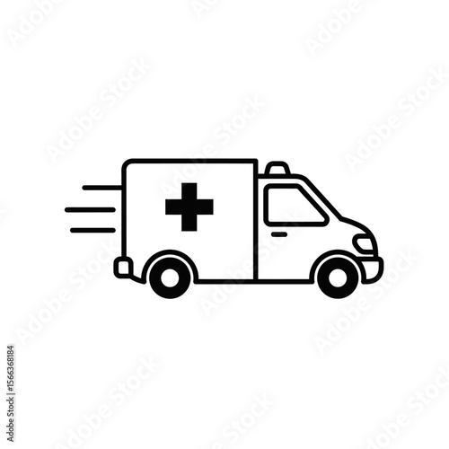 A simple black and white line drawing of an ambulance speeding with a cross on the side panel