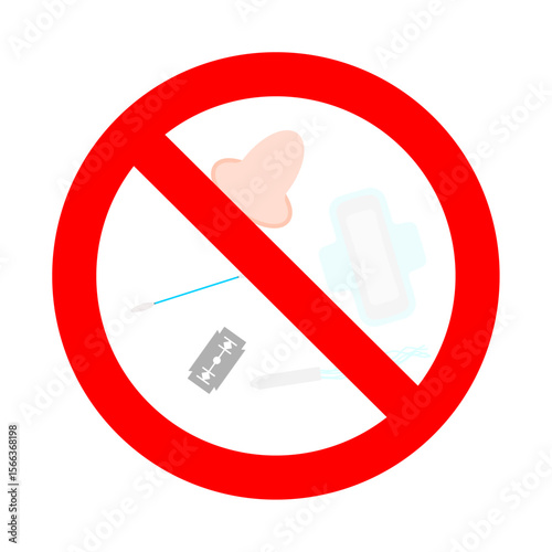 No throw in toilet symbol, tampon, pad or blade, vector of no flush, disposal tampon pad, sanitary razor, hygiene plumbing, illustration