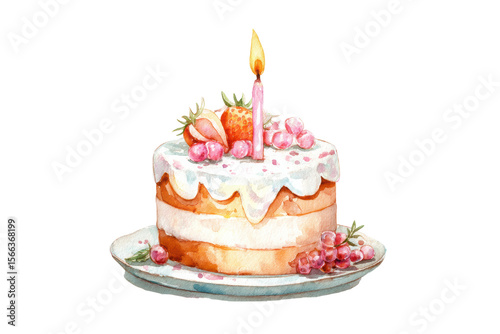 PNG Watercolor birthday cake with candle and strawberries on plate