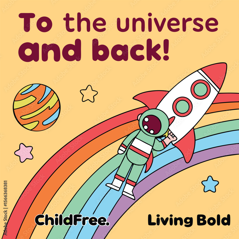 Fototapeta premium Cartoon Astronaut and Rocket Soaring Through a Rainbow in Space