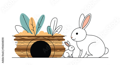 Adorable illustration of a mother rabbit and her baby rabbit sitting next to a cozy wooden burrow surrounded by illustrated plants