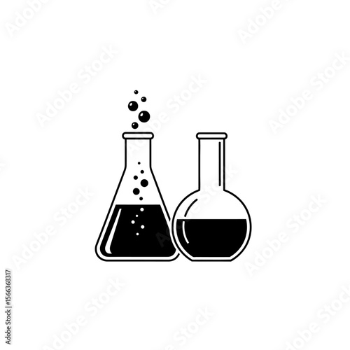 Two laboratory flasks filled with liquid one with bubbles on a white background in black and white style