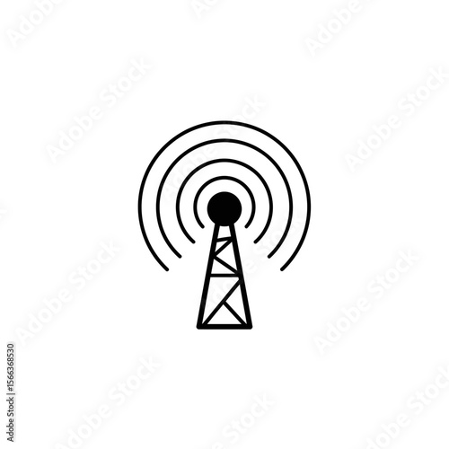A simple black and white line drawing of a communication tower emitting signals in a circular pattern