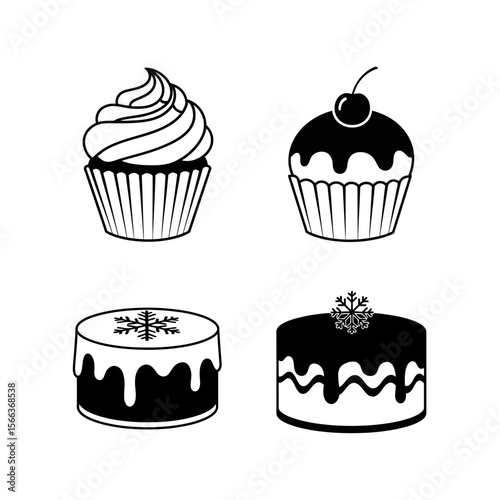 Four desserts in black and white including cupcakes and cakes with decorative toppings and icing designs