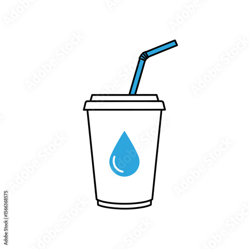 A white cup with a blue water drop logo and a blue straw on a white background in a vector style