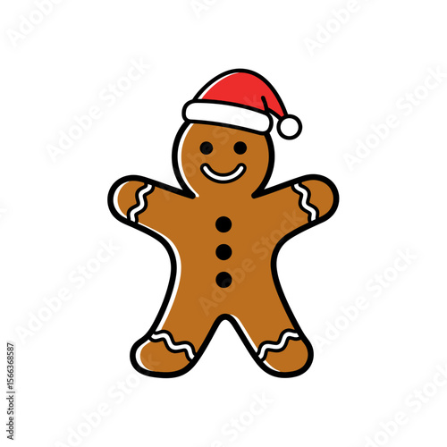 A gingerbread man wearing a santa hat with a smile and buttons on a white background isolated