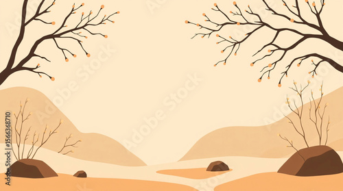 Desert landscape with trees and hills in a minimalistic and serene setting.