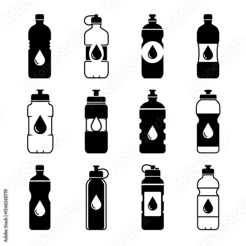 Collection of twelve black and white water bottle icons with a water drop symbol on each bottle design