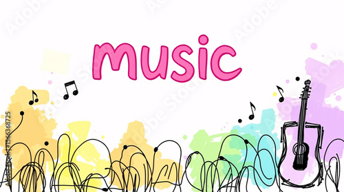 Colorful and artistic illustration featuring music notes and a guitar.
