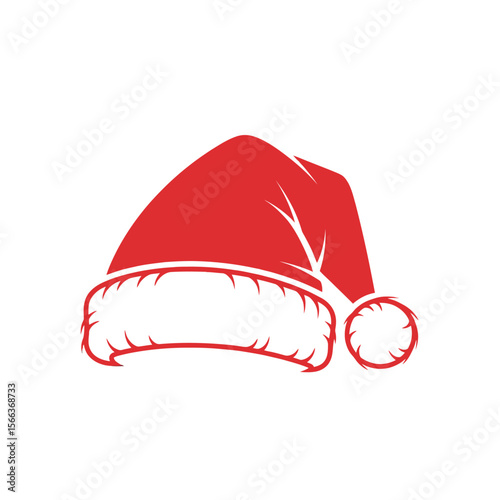 A simple graphic illustration of a red santa hat with a white fluffy brim on a white background