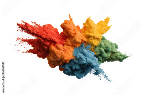 PNG Vibrant explosion of red, orange, yellow, green, and blue powder clouds on black