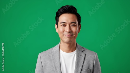 Smiling Asian Man Posing in Studio with Green Backdrop Wearing Grey Blazer and White Shirt