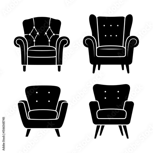 Four different armchair silhouettes in dark gray on a white background in a square arrangement