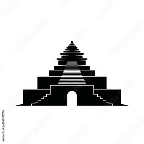 A black and white illustration of a stepped pyramid with stairs and an arched entrance at the base