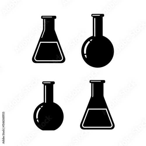 Illustration of four black and white laboratory flasks on a white background in square format