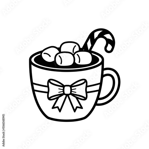 Black and white outline drawing of a mug filled with marshmallows and a candy cane with a bow on it