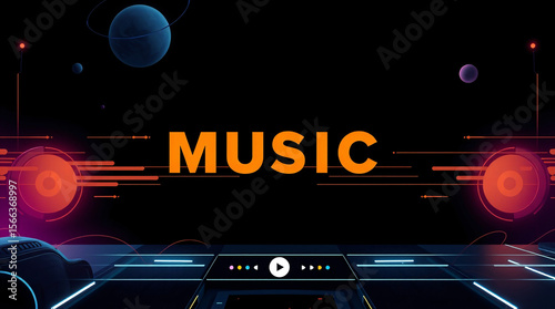 A vibrant digital background with neon lights and the word 