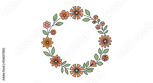Elegant wreath arrangement featuring delicate orange flowers and lush green leaves on a white background perfect for decorative projects and artistic creations