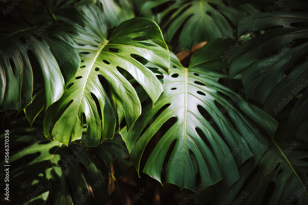 Obraz premium Tropical monstera leaves with deep green colors and natural light creating lush rainforest foliage and exotic plant texture in vibrant detail.