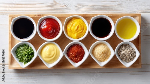 Wallpaper Mural Assorted Sauces and Condiments in Small Bowls on a Wooden Tray Torontodigital.ca
