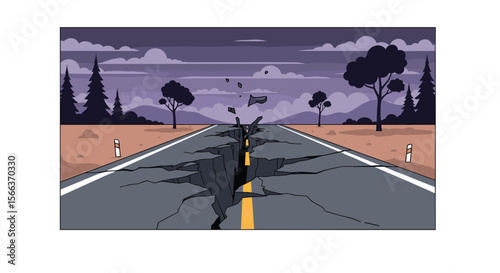 A pixelated highway splits open during a catastrophic earthquake under a dramatic cloudy sky