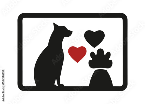 Warm Black and Red Vector Silhouette Icon of Cat with Heart and Bowl for Pet Love, Animal Nutrition, and Veterinary Care Designs