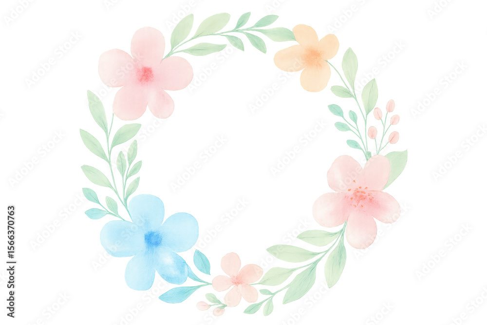 Fototapeta premium Soft watercolor botanicals weaving delicate circular frame, lending graceful ornamental element to creative graphic compositions