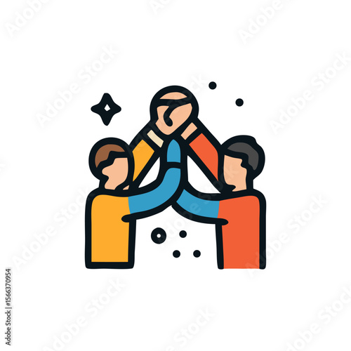 Three figures in a high-five gesture, symbolizing teamwork, success, and collaboration. Sparkles and dots add to the celebratory mood.