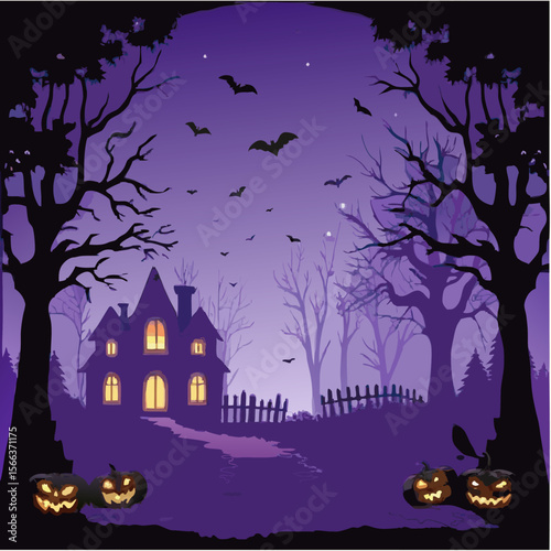 Spooky Halloween night with a haunted house, eerie bats, and a glowing pumpkin under a full moon