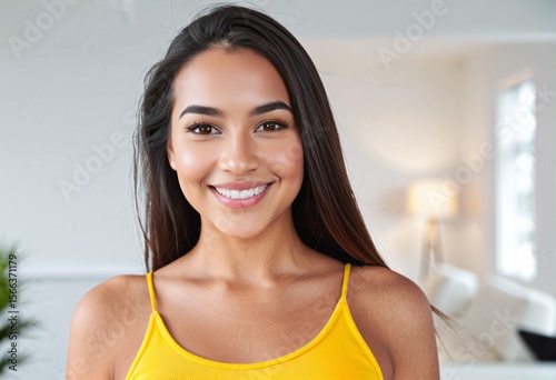 Free Download Portrait of a young woman wearing a yellow top standing a blurred white modern interior background with copy space - GFXLoad